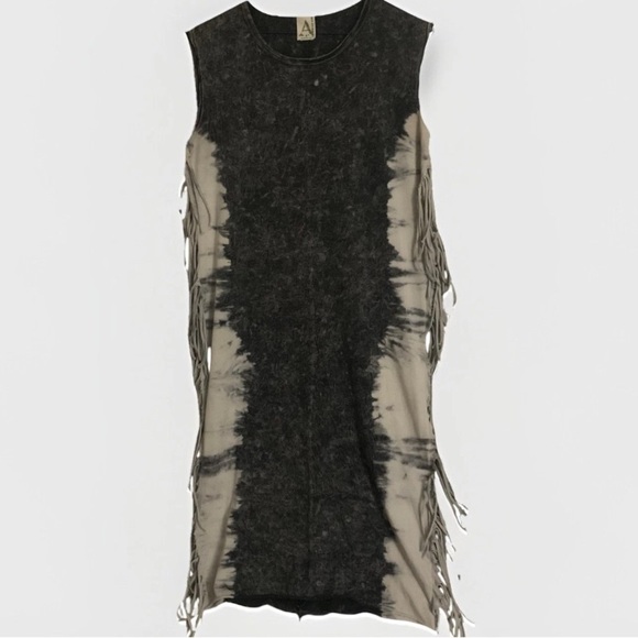 American Age Acid Wash Black & White Fringe Dress Size S Hippie Boho Y2K - Picture 1 of 6